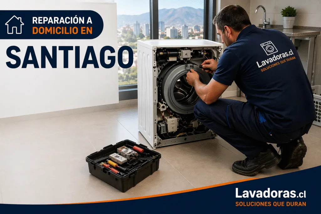 “Reparación de lavadoras en Santiago, técnicos especializados trabajando en equipo”