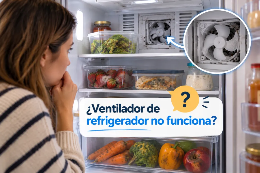 Ventilador de refrigerador no funciona: mujer preocupada frente a alimentos deteriorados.
